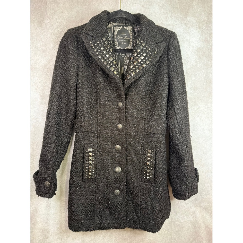 VTG Y2K Guess Pea Coat Women S Black Studded Boucle Tweed Metallic Grunge